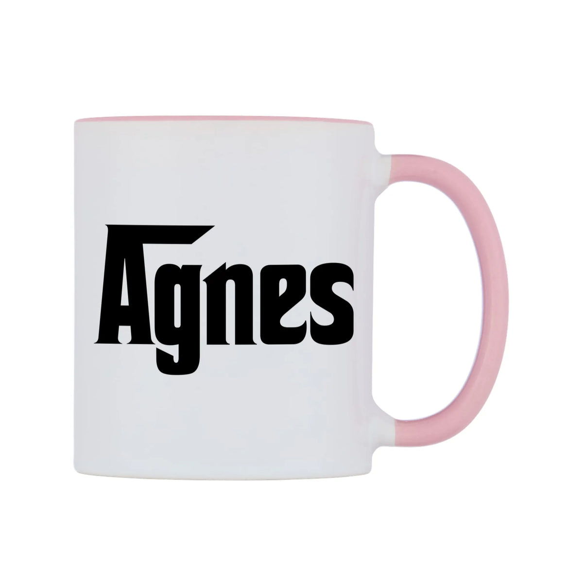 Agnes - Godfather Themed Mug — white 11oz gloss mug with a pink inside and handle, left side, on a white background