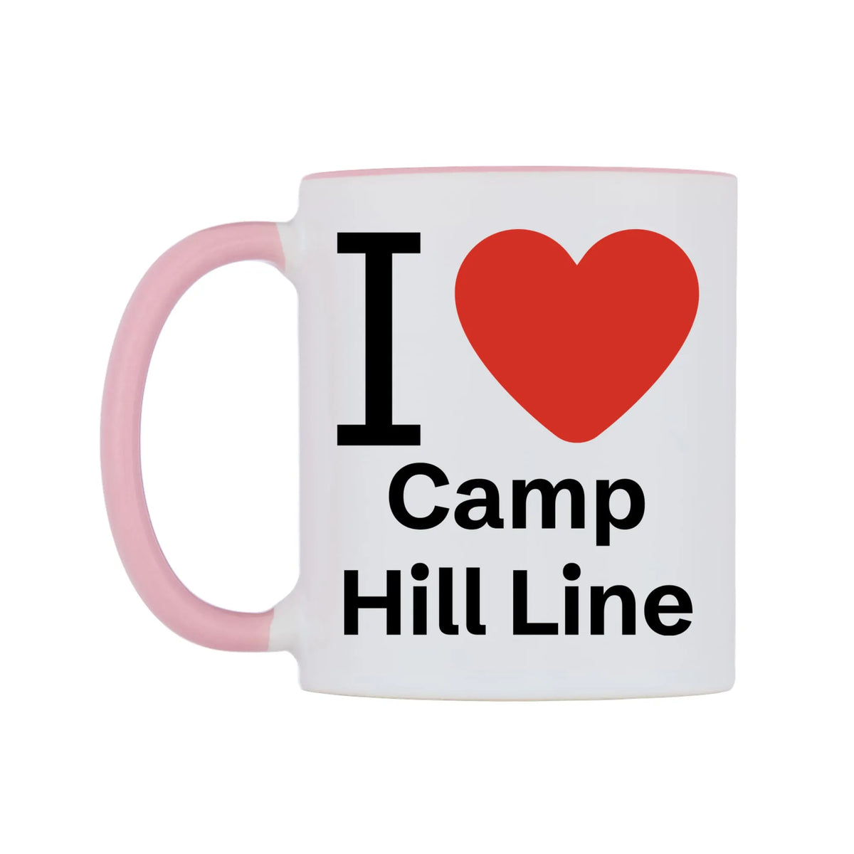 I Love Camp Hill Line Mug — white 11oz gloss mug with a pink inside and handle, right side, on a white background