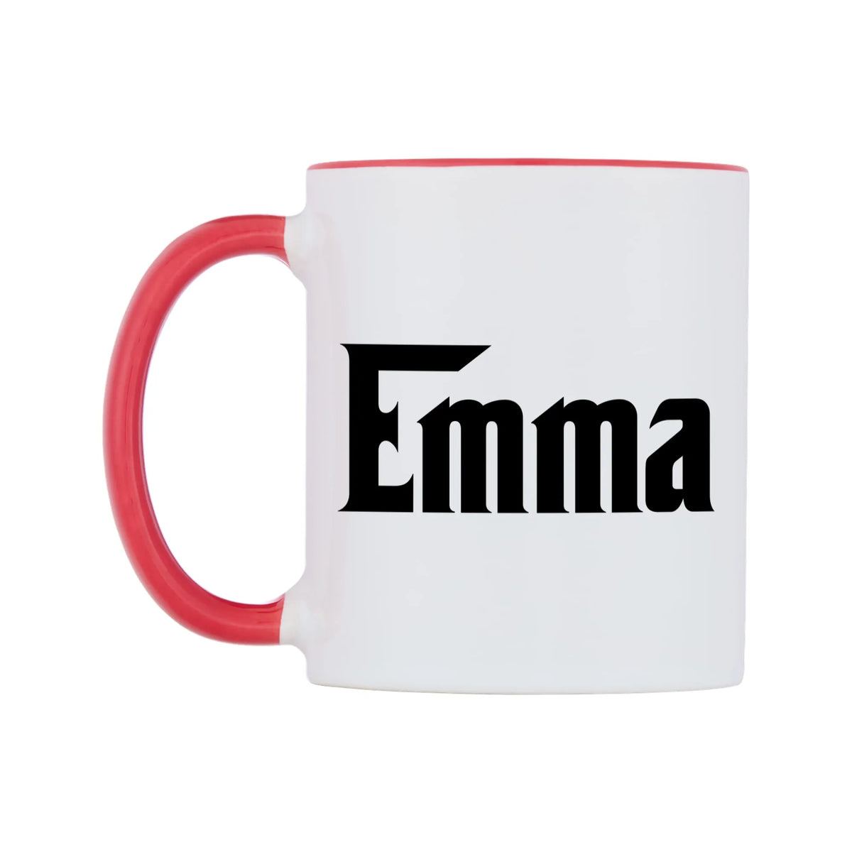 Emma - Godfather Themed Mug — white 11oz gloss mug with a red inside and handle, right side, on a white background
