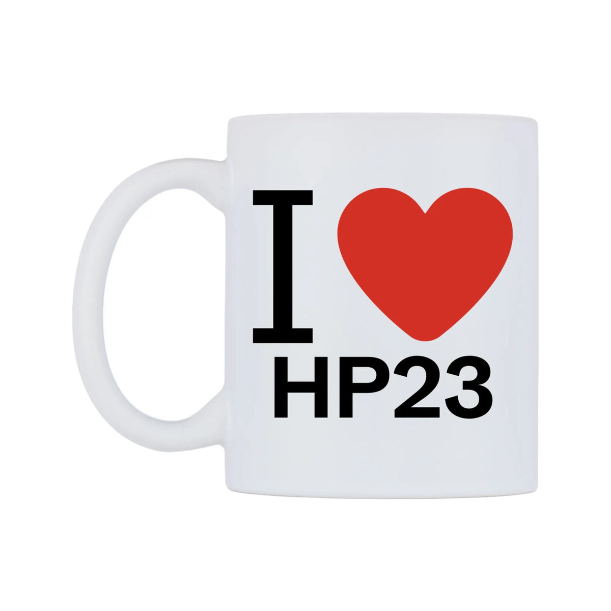 I Love HP23 Mug — white 11oz gloss mug, right side, on a white background
