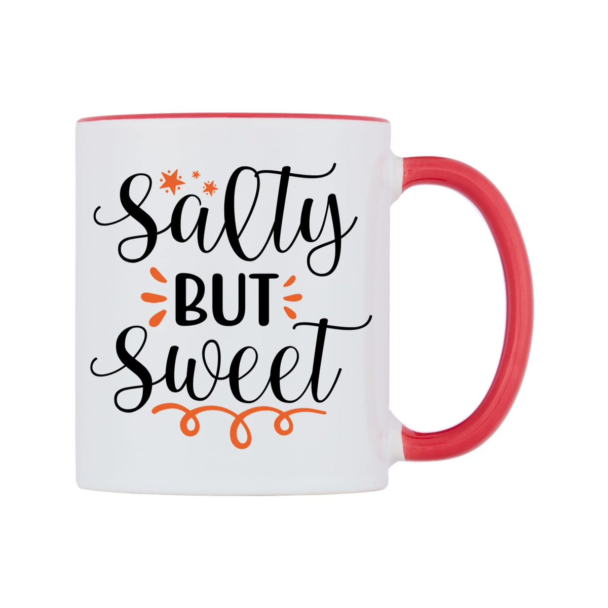 Salty but sweet Mug — white 11oz gloss mug with a red inside and handle, left side, on a white background