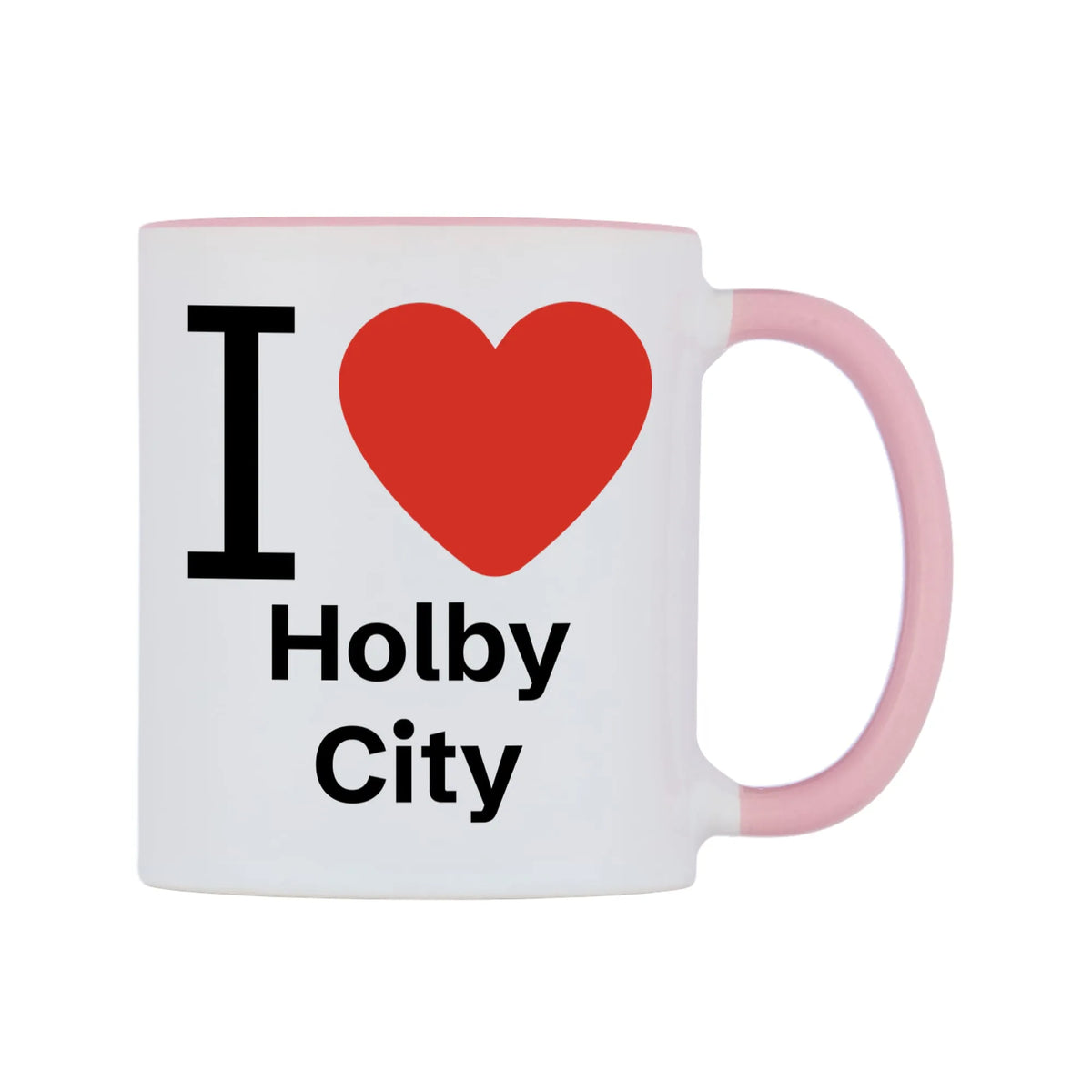I Love Holby City Mug — white 11oz gloss mug with a pink inside and handle, left side, on a white background
