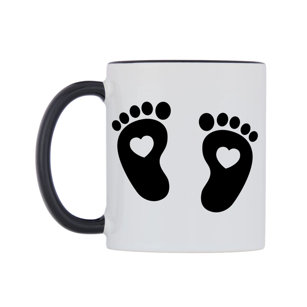 Black Feet Love Heart Mug — white 11oz gloss mug with a black inside and handle, right side, on a white background