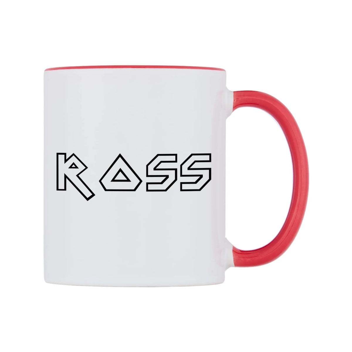 Ross - Iron Maiden Themed Mug — white 11oz gloss mug with a red inside and handle, left side, on a white background
