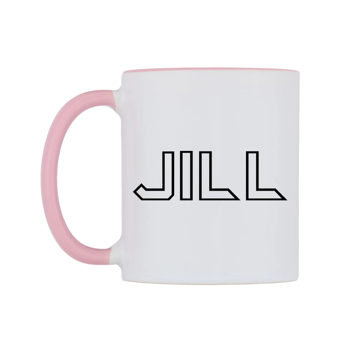 Jill - Iron Maiden Themed Mug — white 11oz gloss mug with a pink inside and handle, right side, on a white background