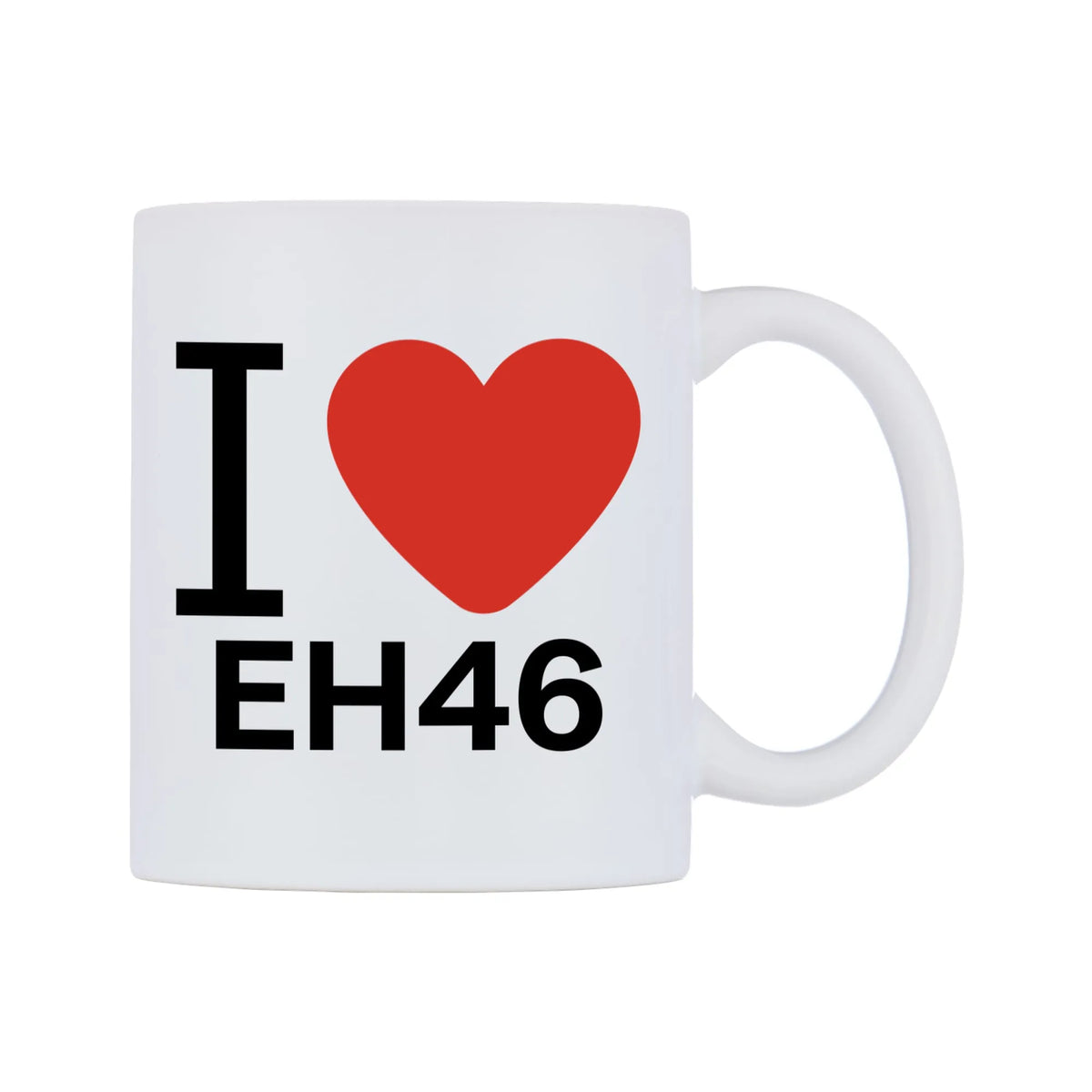 I Love EH46 Mug — white 11oz gloss mug, left side, on a white background