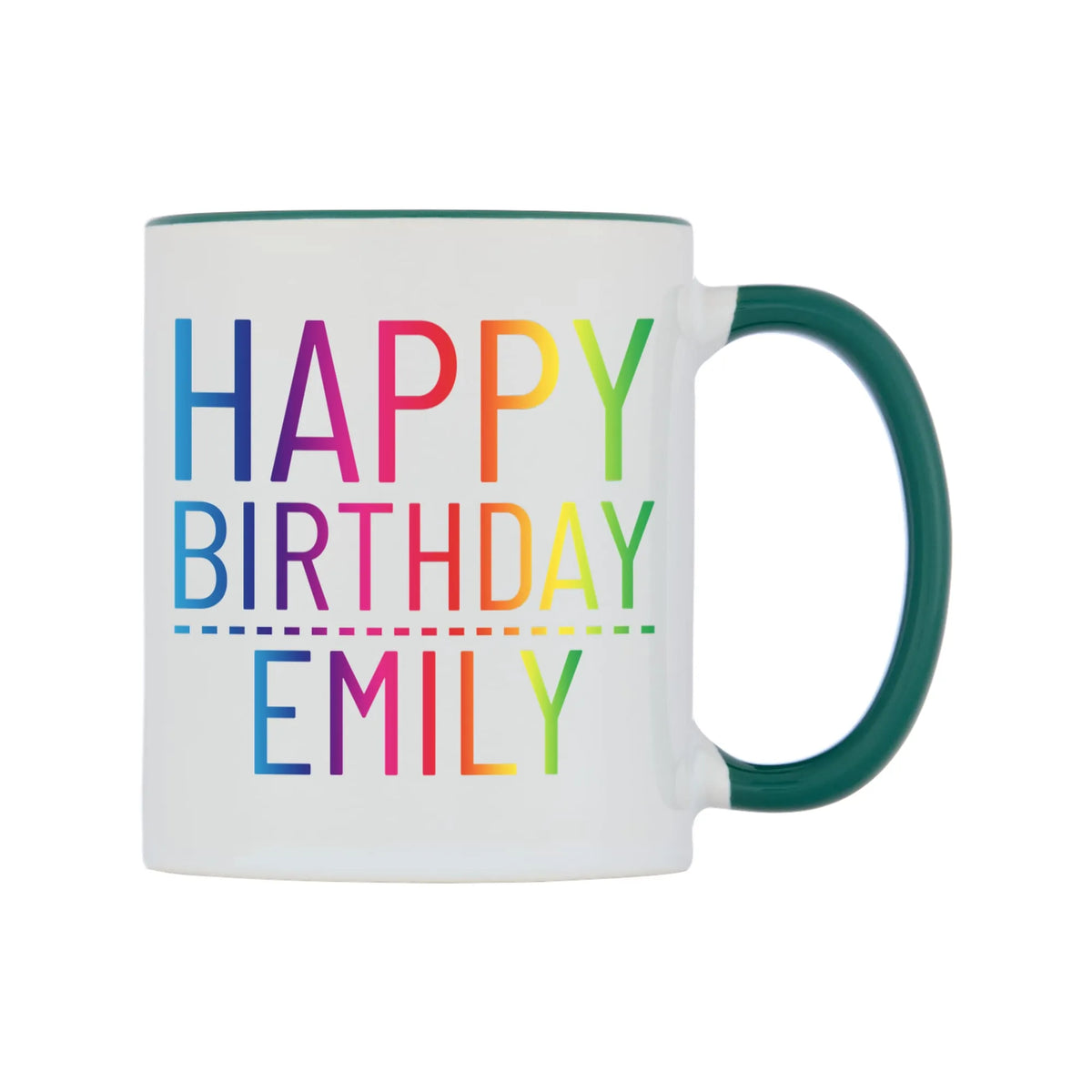 Personalised Happy Birthday (Rainbow) Mug — white 11oz gloss mug with a green inside and handle, left side, on a white background