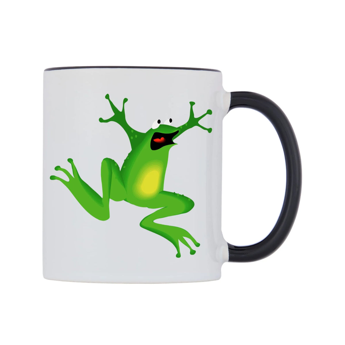 Dancing Frog Mug — white 11oz gloss mug with a black inside and handle, left side, on a white background