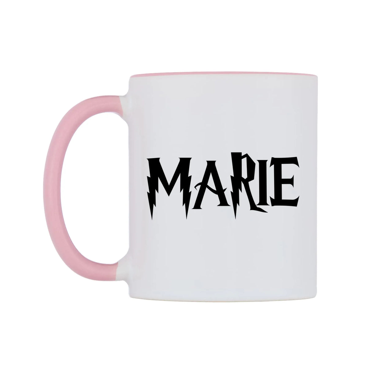 Marie - Wizard Themed Mug — white 11oz gloss mug with a pink inside and handle, right side, on a white background