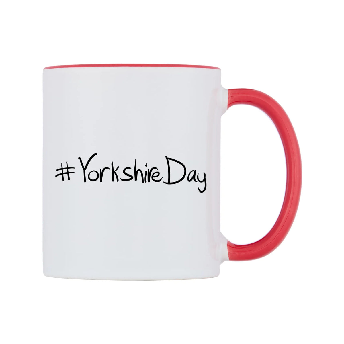 YorkshireDay Mug — white 11oz gloss mug with a red inside and handle, left side, on a white background