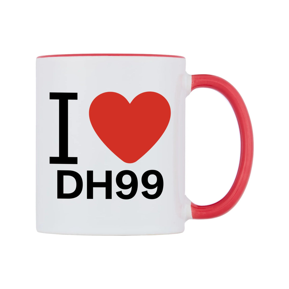 I Love DH99 Mug — white 11oz gloss mug with a red inside and handle, left side, on a white background