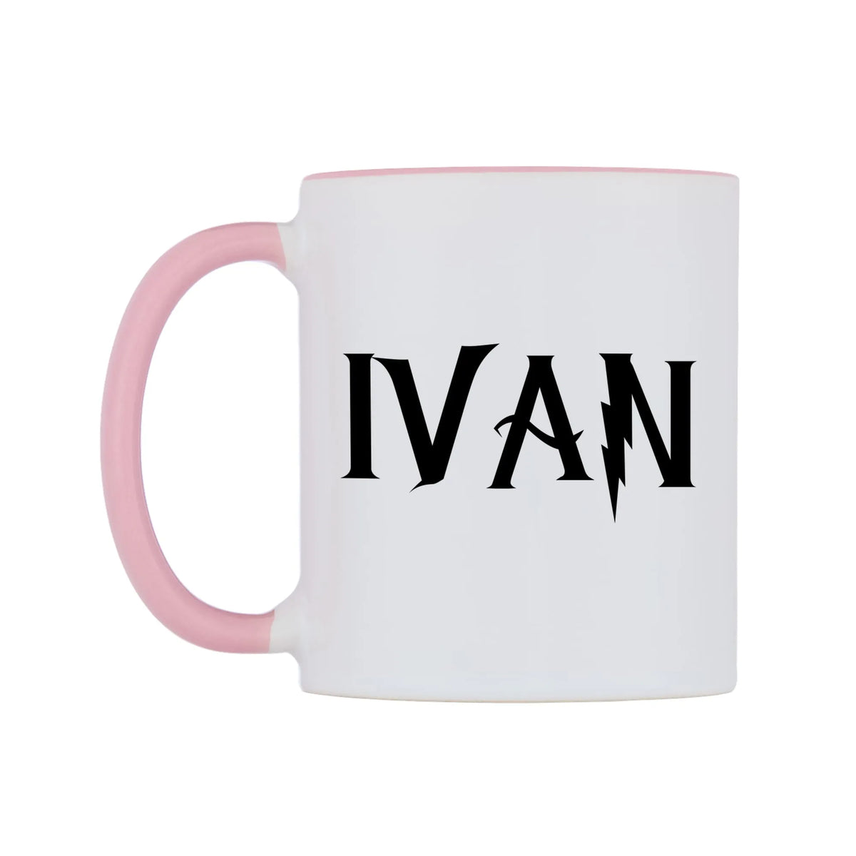 Ivan - Wizard Themed Mug — white 11oz gloss mug with a pink inside and handle, right side, on a white background