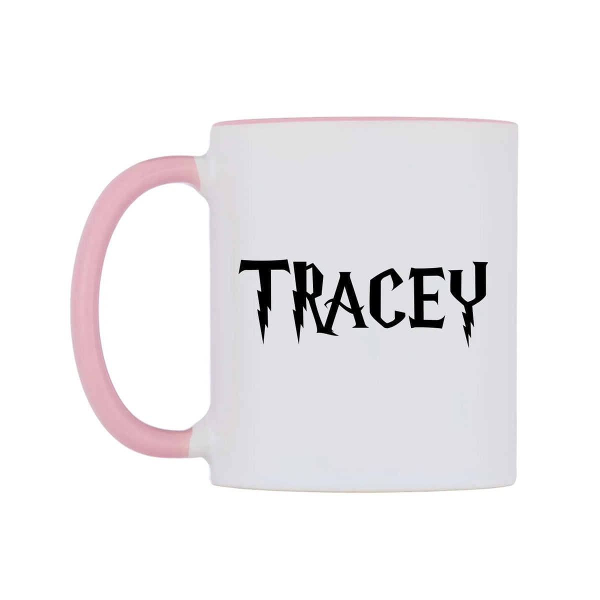 Tracey - Wizard Themed Mug — white 11oz gloss mug with a pink inside and handle, right side, on a white background