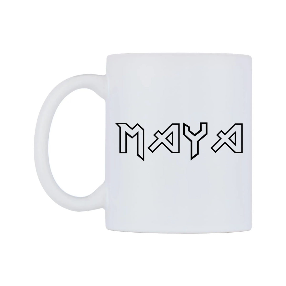 Maya - Iron Maiden Themed Mug — white 11oz gloss mug, right side, on a white background