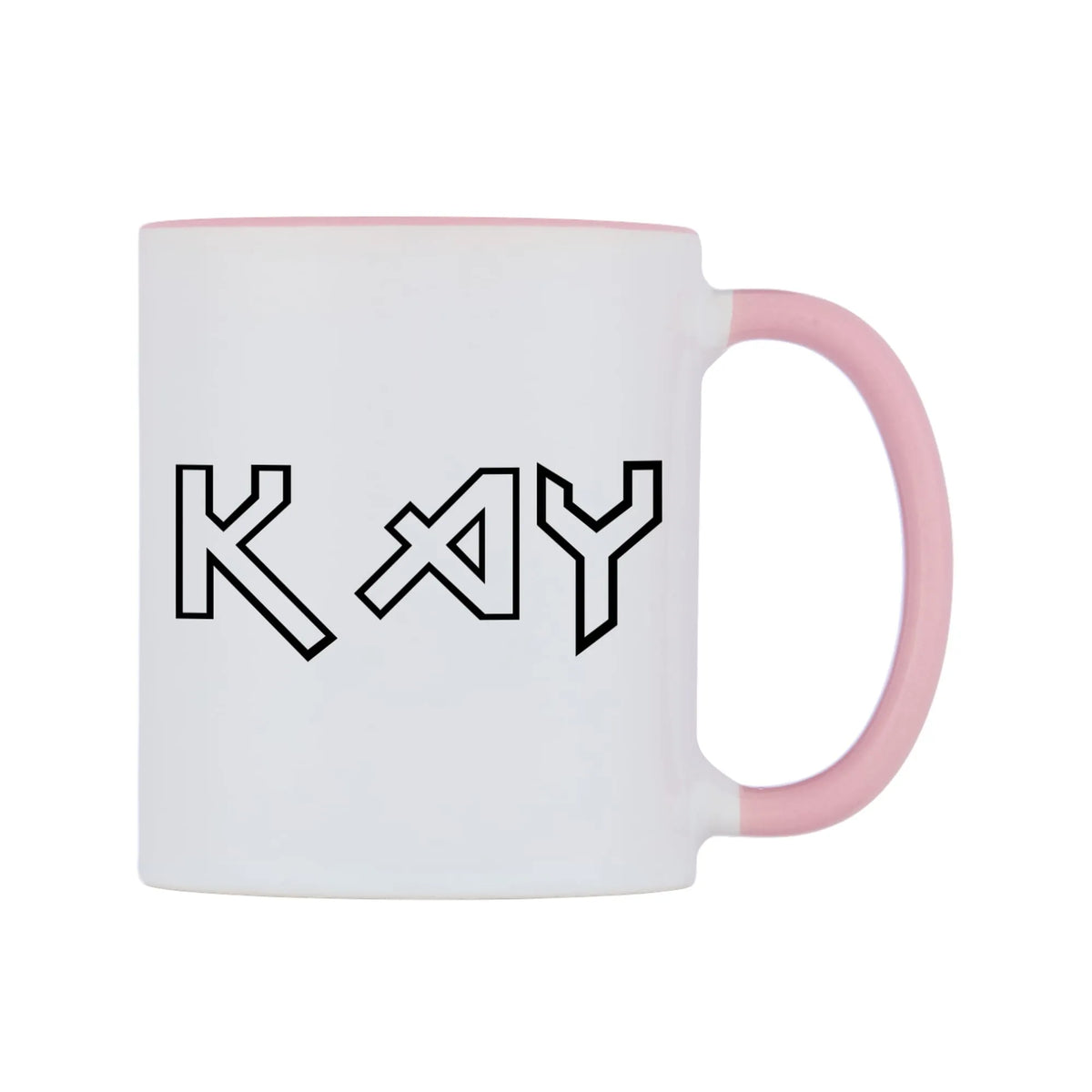 Kay - Iron Maiden Themed Mug — white 11oz gloss mug with a pink inside and handle, left side, on a white background