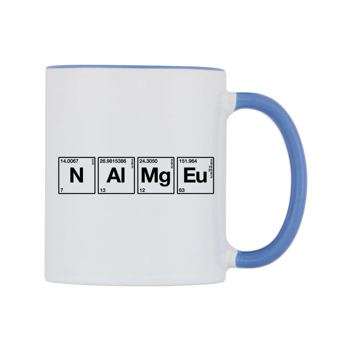 Chemistry Themed Personalised Mug — white 11oz gloss mug with a cambridge blue inside and handle, left side, on a white background