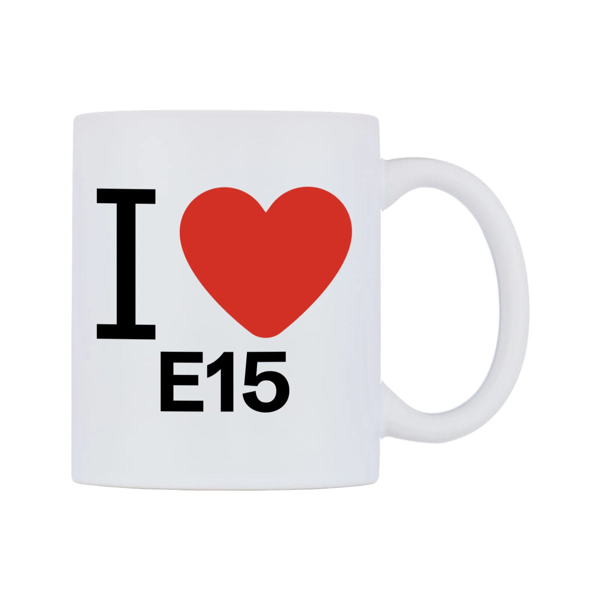 I Love E15 Mug — white 11oz gloss mug, left side, on a white background