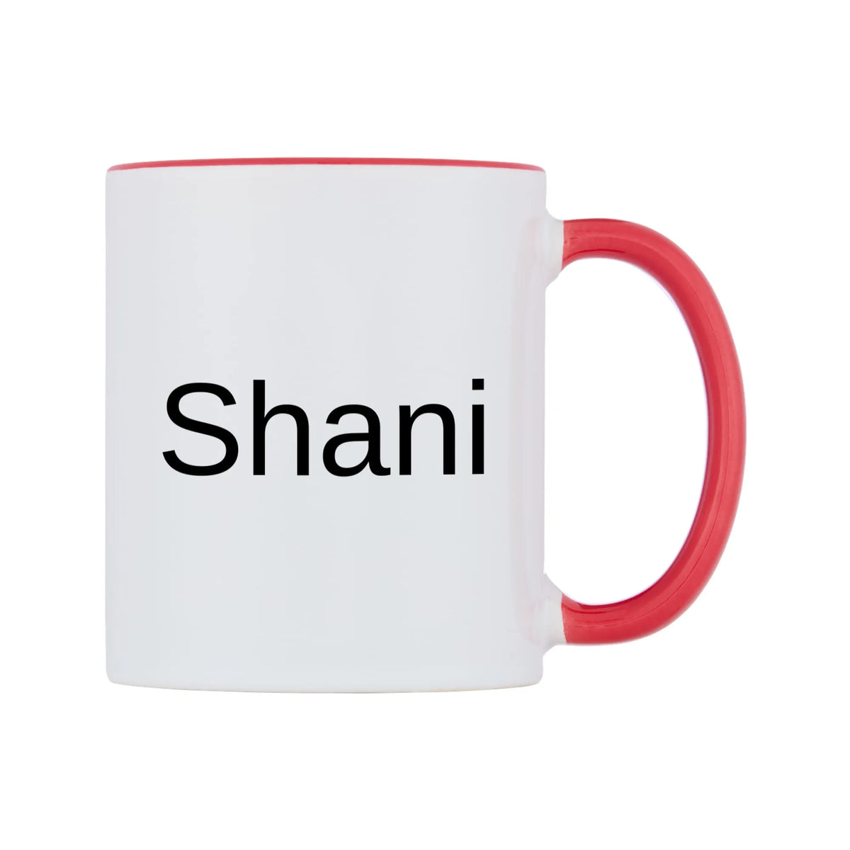 Shani Mug — white 11oz gloss mug with a red inside and handle, left side, on a white background