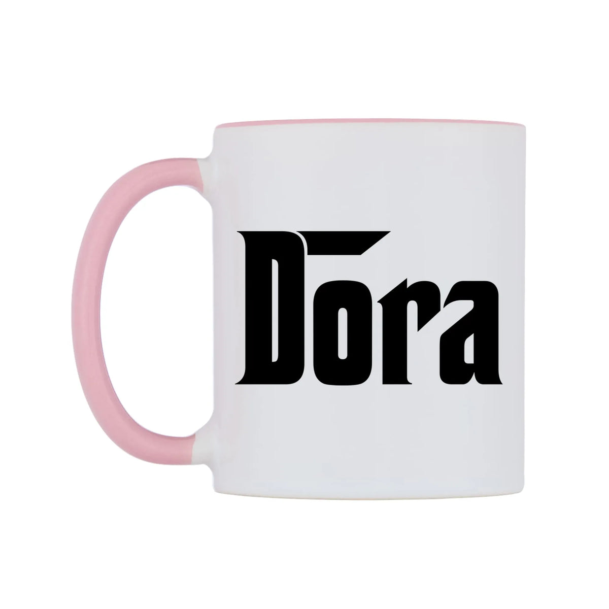 Dora - Godfather Themed Mug — white 11oz gloss mug with a pink inside and handle, right side, on a white background