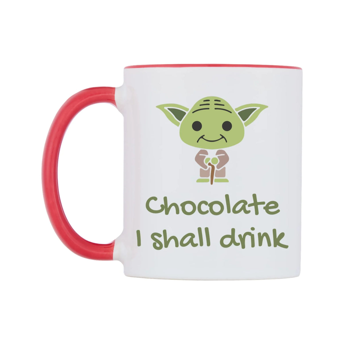 Chocolate I shall drink Mug — white 11oz gloss mug with a red inside and handle, right side, on a white background