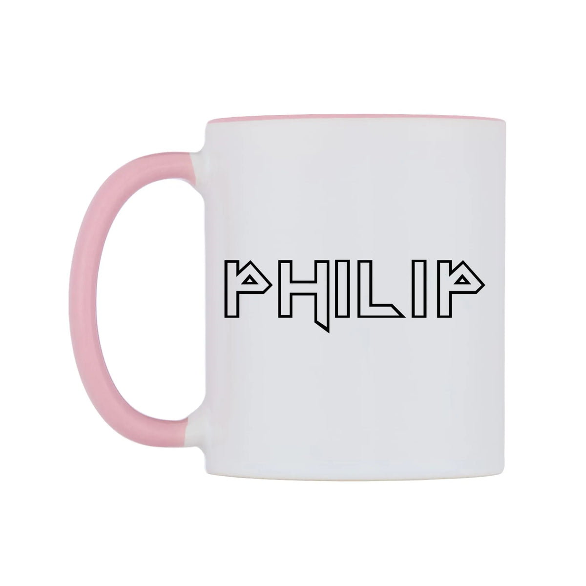 Philip - Iron Maiden Themed Mug — white 11oz gloss mug with a pink inside and handle, right side, on a white background