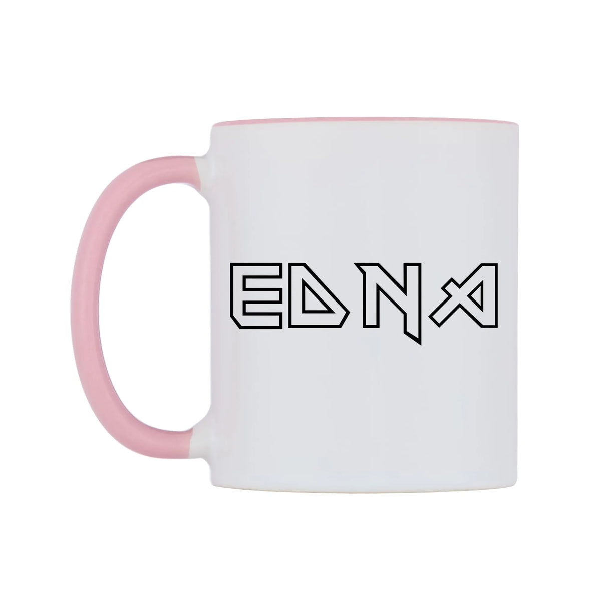 Edna - Iron Maiden Themed Mug — white 11oz gloss mug with a pink inside and handle, right side, on a white background