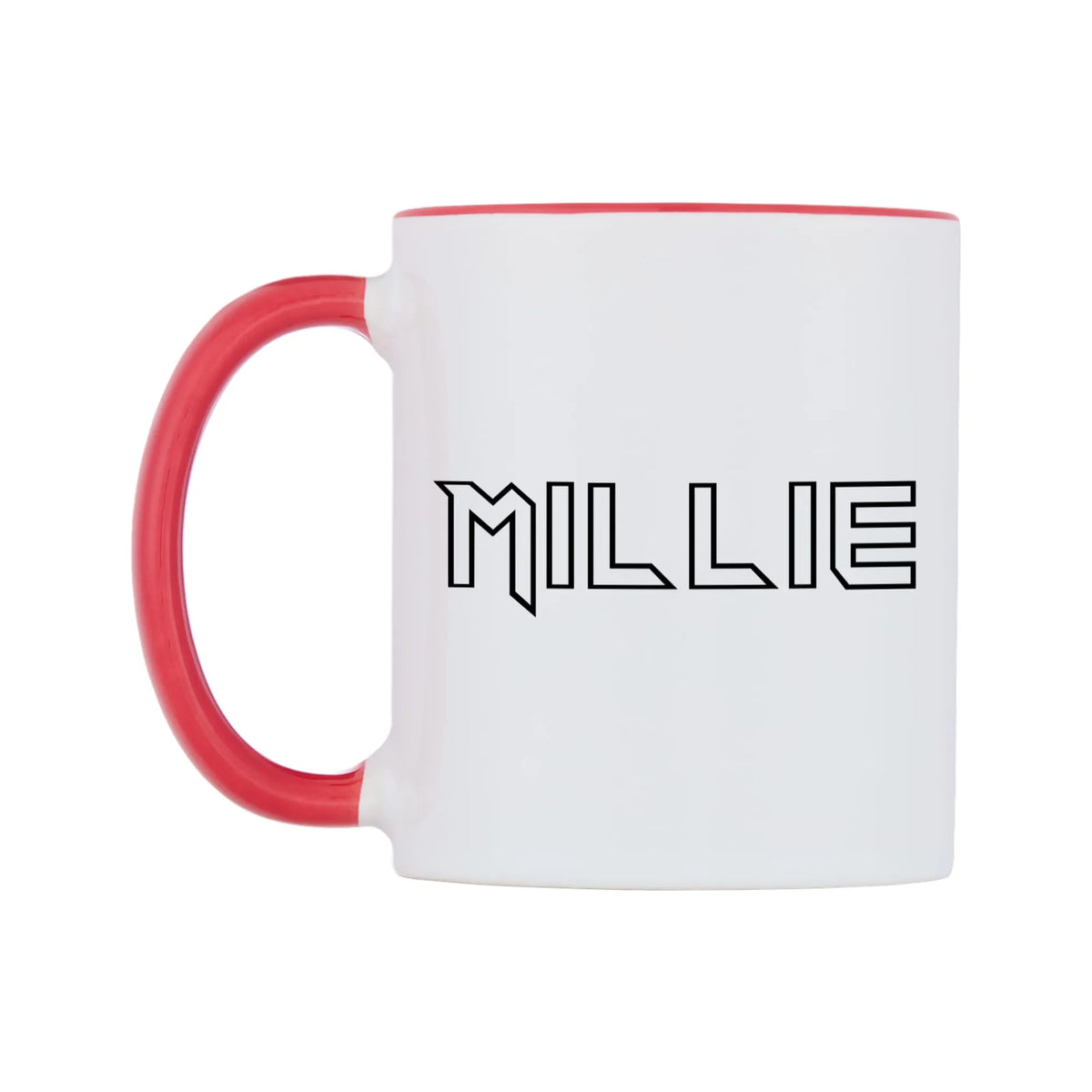 Millie - Iron Maiden Themed Mug — white 11oz gloss mug with a red inside and handle, right side, on a white background