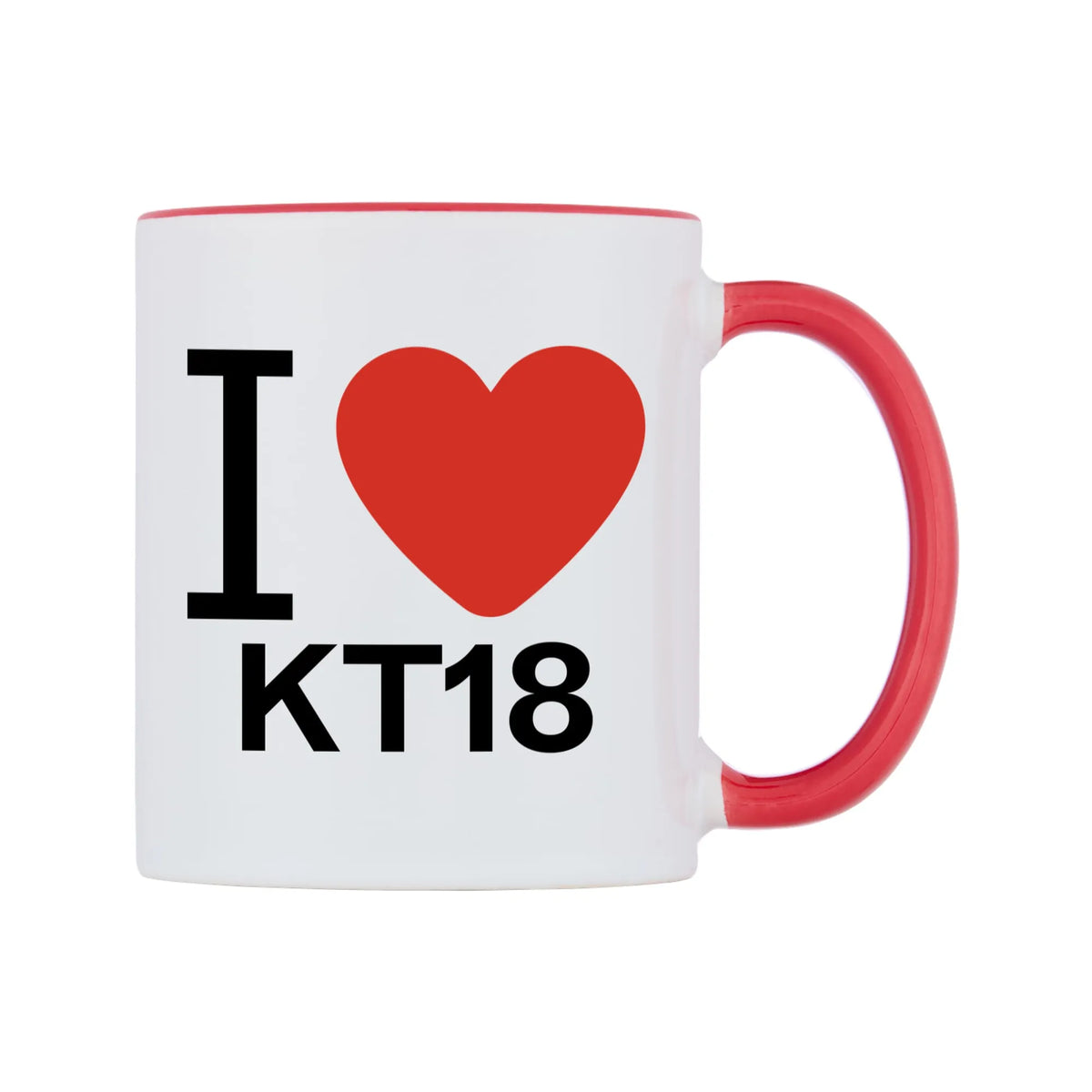 I Love KT18 Mug — white 11oz gloss mug with a red inside and handle, left side, on a white background