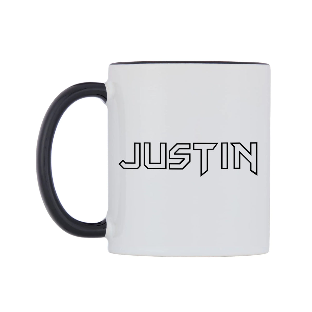Justin - Iron Maiden Themed Mug — white 11oz gloss mug with a black inside and handle, right side, on a white background