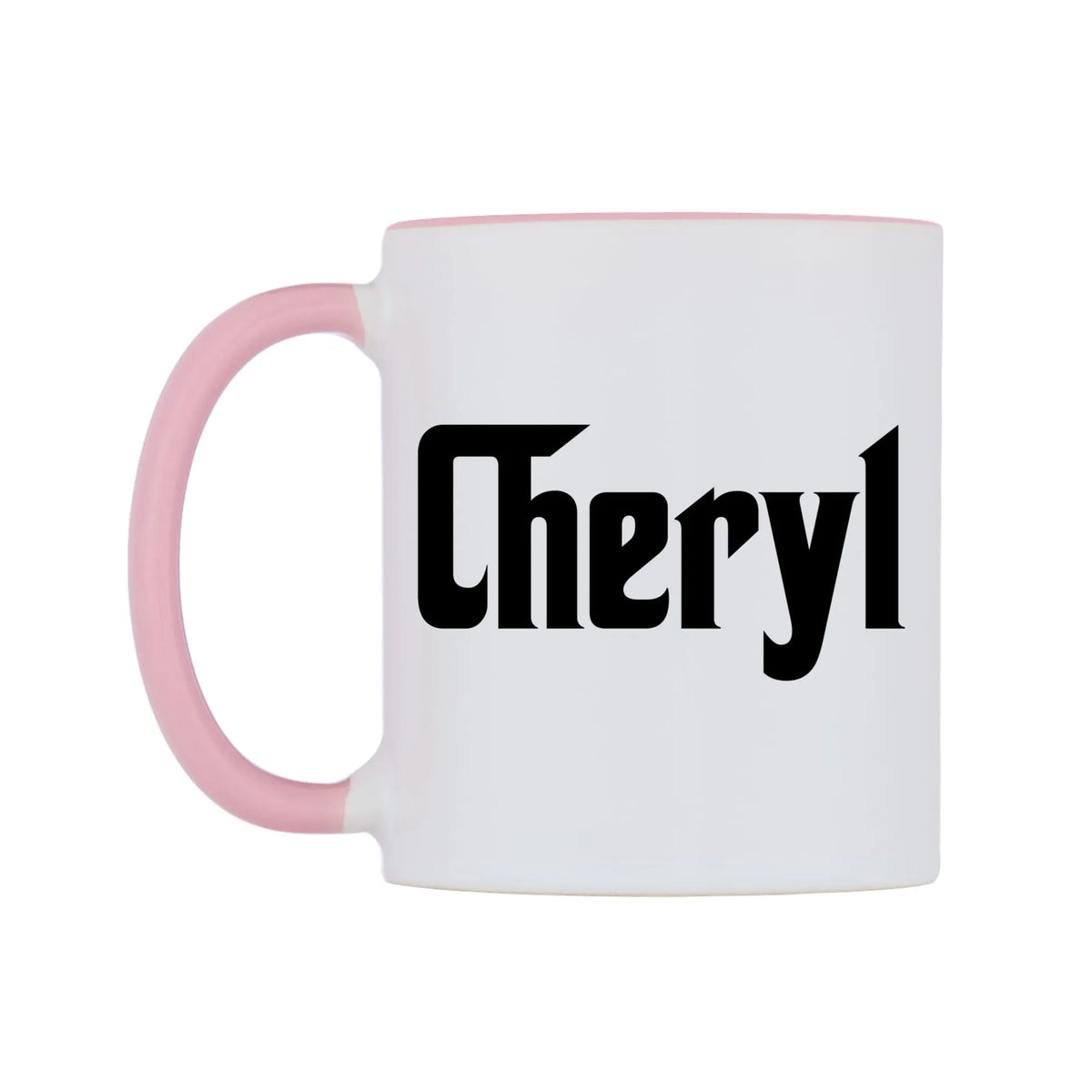 Cheryl - Godfather Themed Mug — white 11oz gloss mug with a pink inside and handle, right side, on a white background