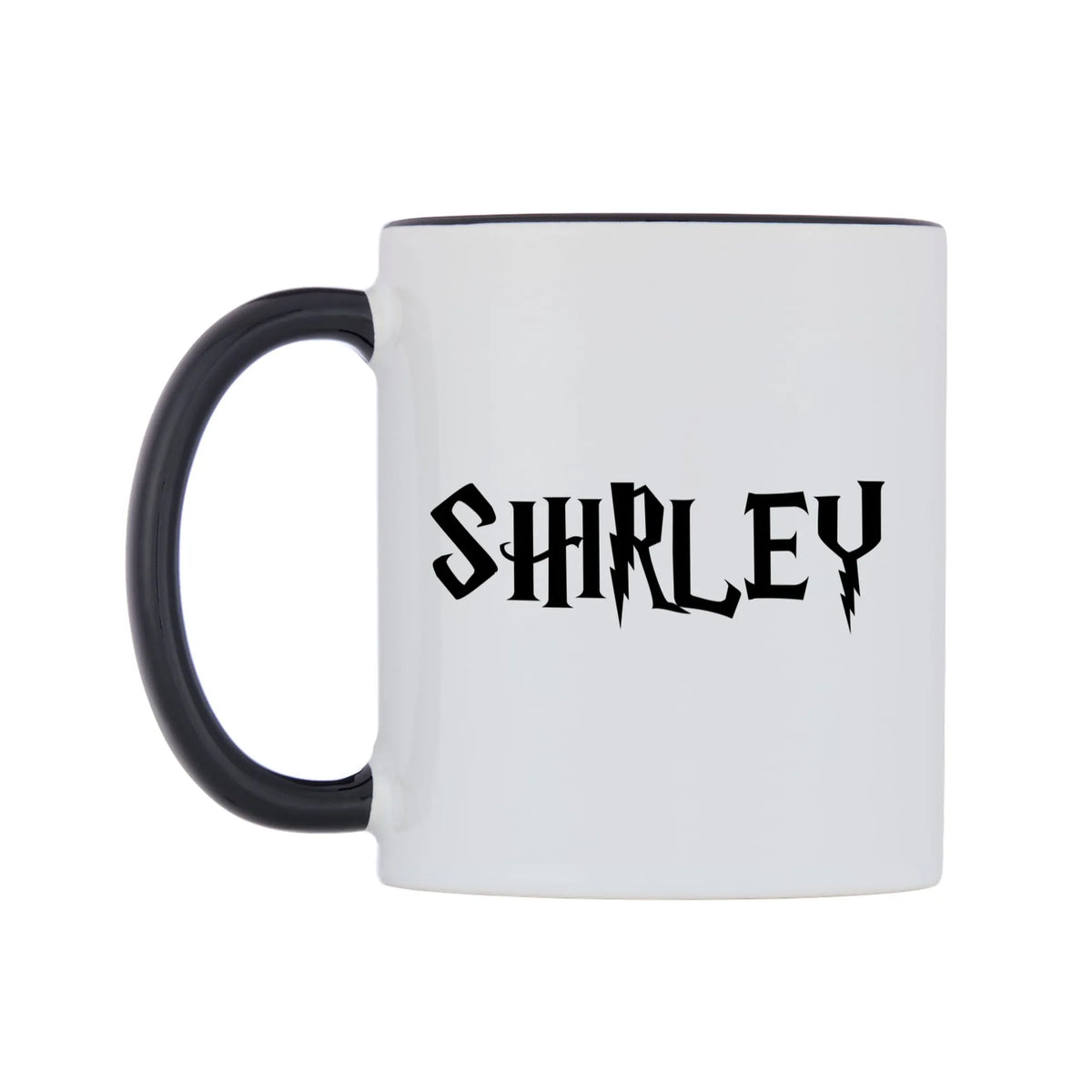 Shirley - Wizard Themed Mug — white 11oz gloss mug with a black inside and handle, right side, on a white background