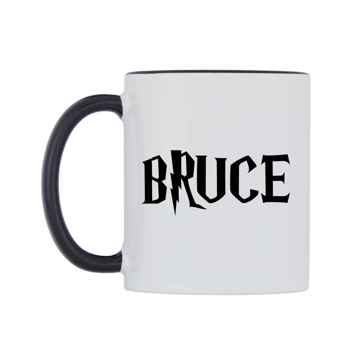 Bruce - Wizard Themed Mug — white 11oz gloss mug with a black inside and handle, right side, on a white background