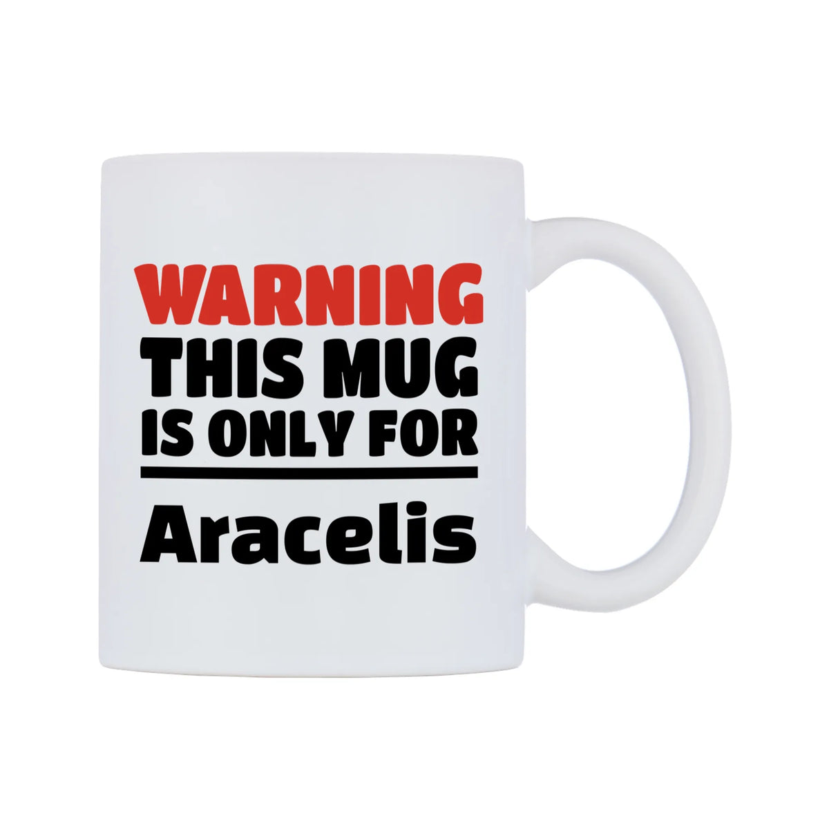 Warning This Mug is ONLY for Aracelis Mug — white 11oz gloss mug, left side, on a white background