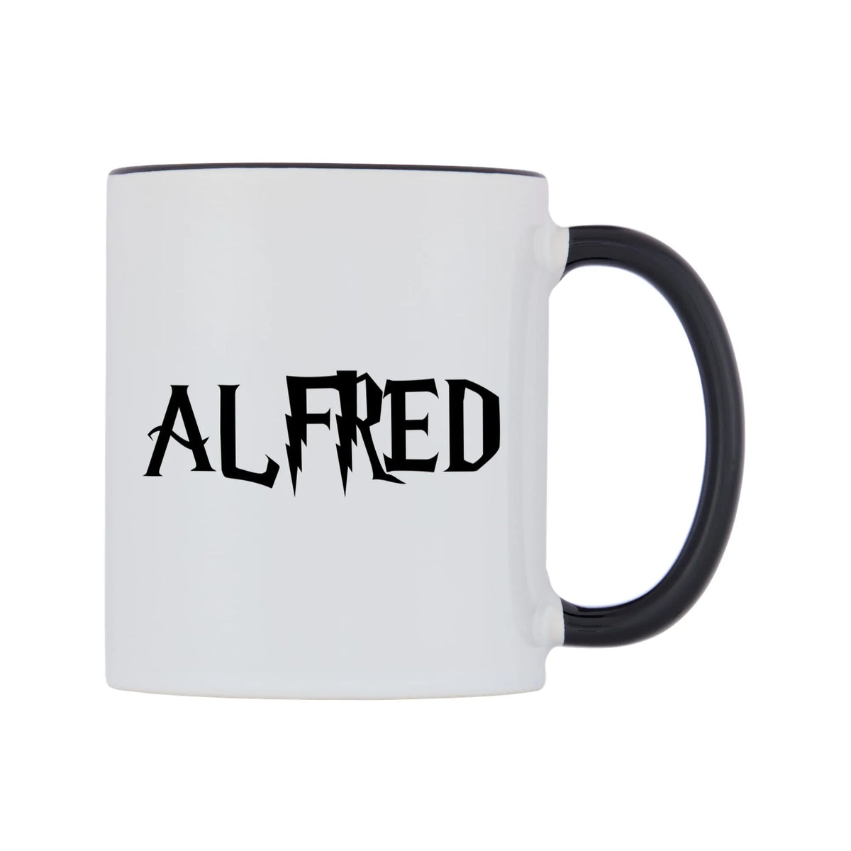 Alfred - Wizard Themed Mug — white 11oz gloss mug with a black inside and handle, left side, on a white background