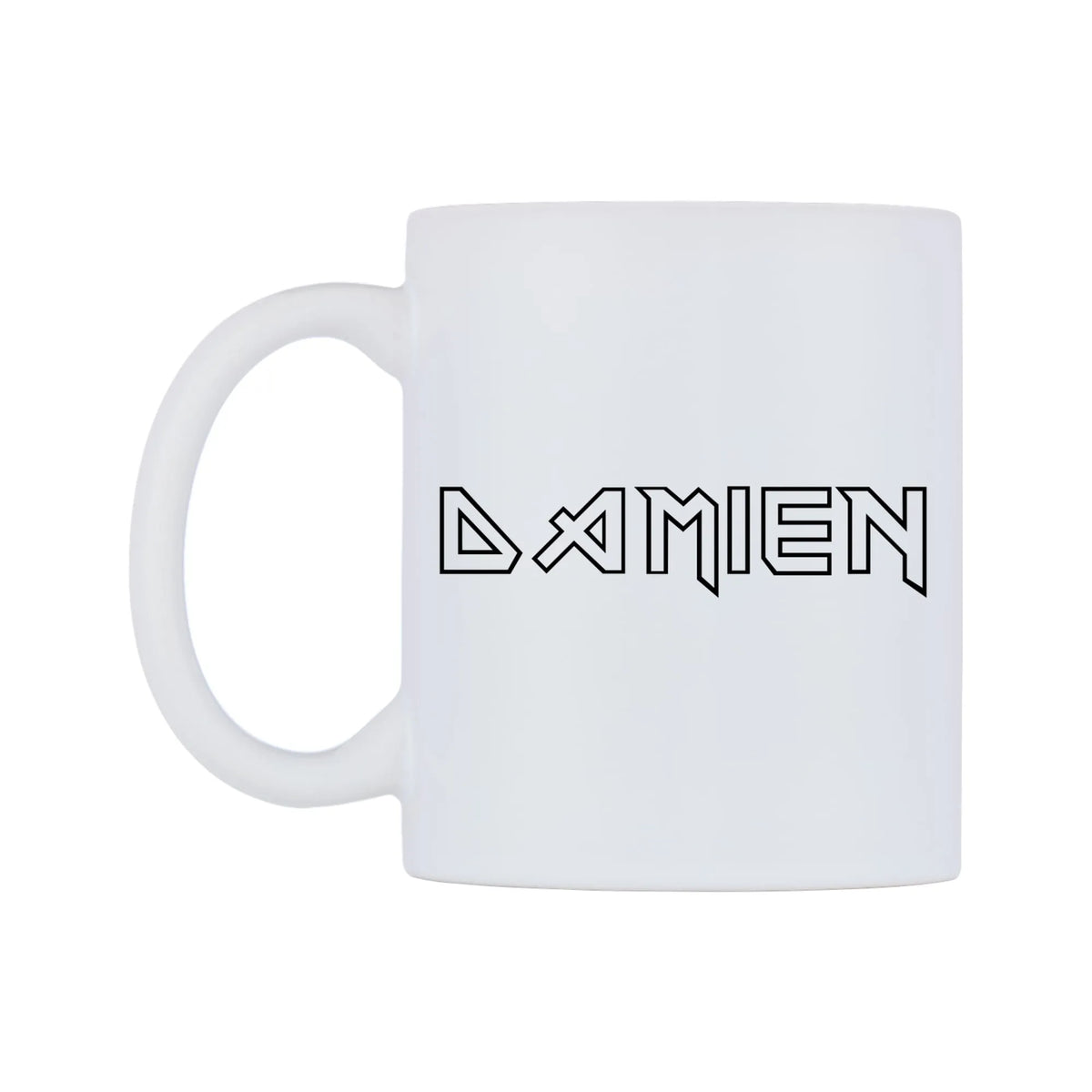 Damien - Iron Maiden Themed Mug — white 11oz gloss mug, right side, on a white background