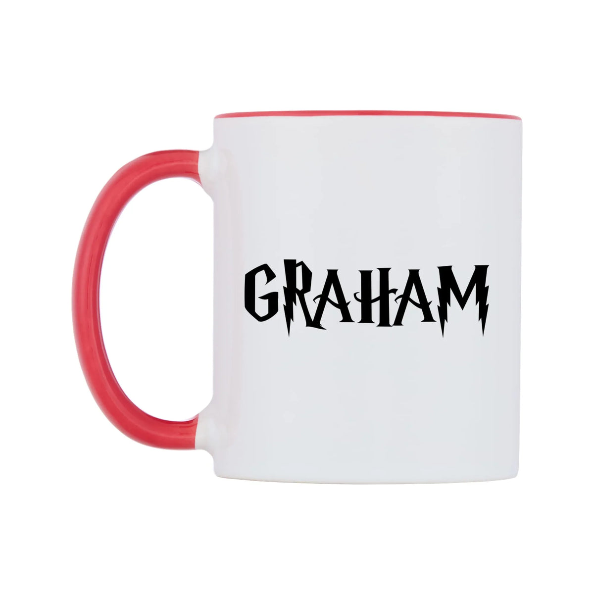 Graham - Wizard Themed Mug — white 11oz gloss mug with a red inside and handle, right side, on a white background