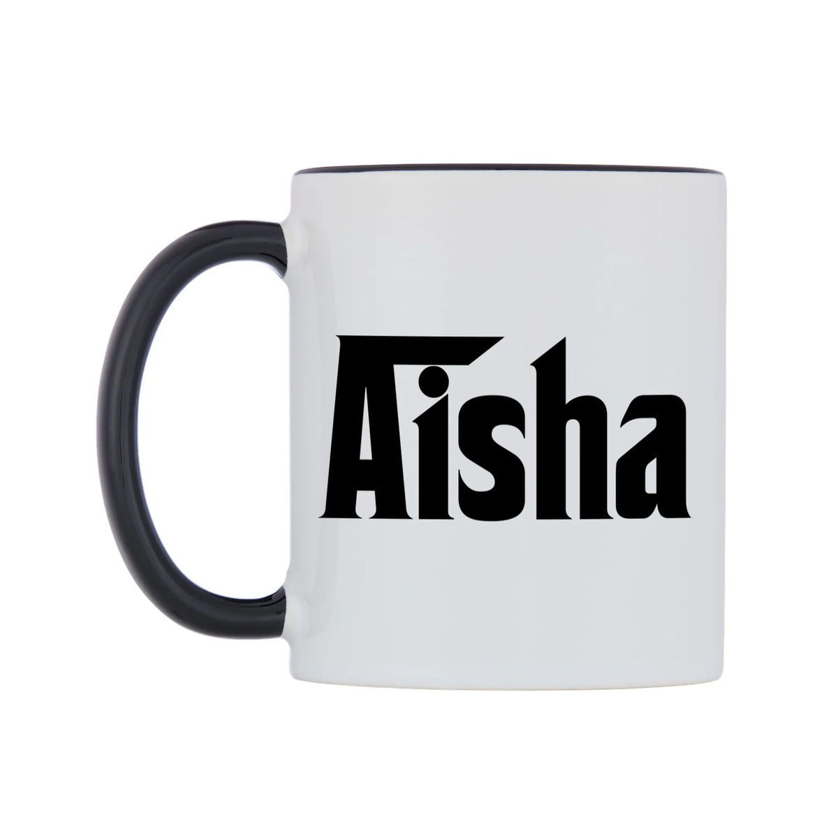 Aisha - Godfather Themed Mug — white 11oz gloss mug with a black inside and handle, right side, on a white background