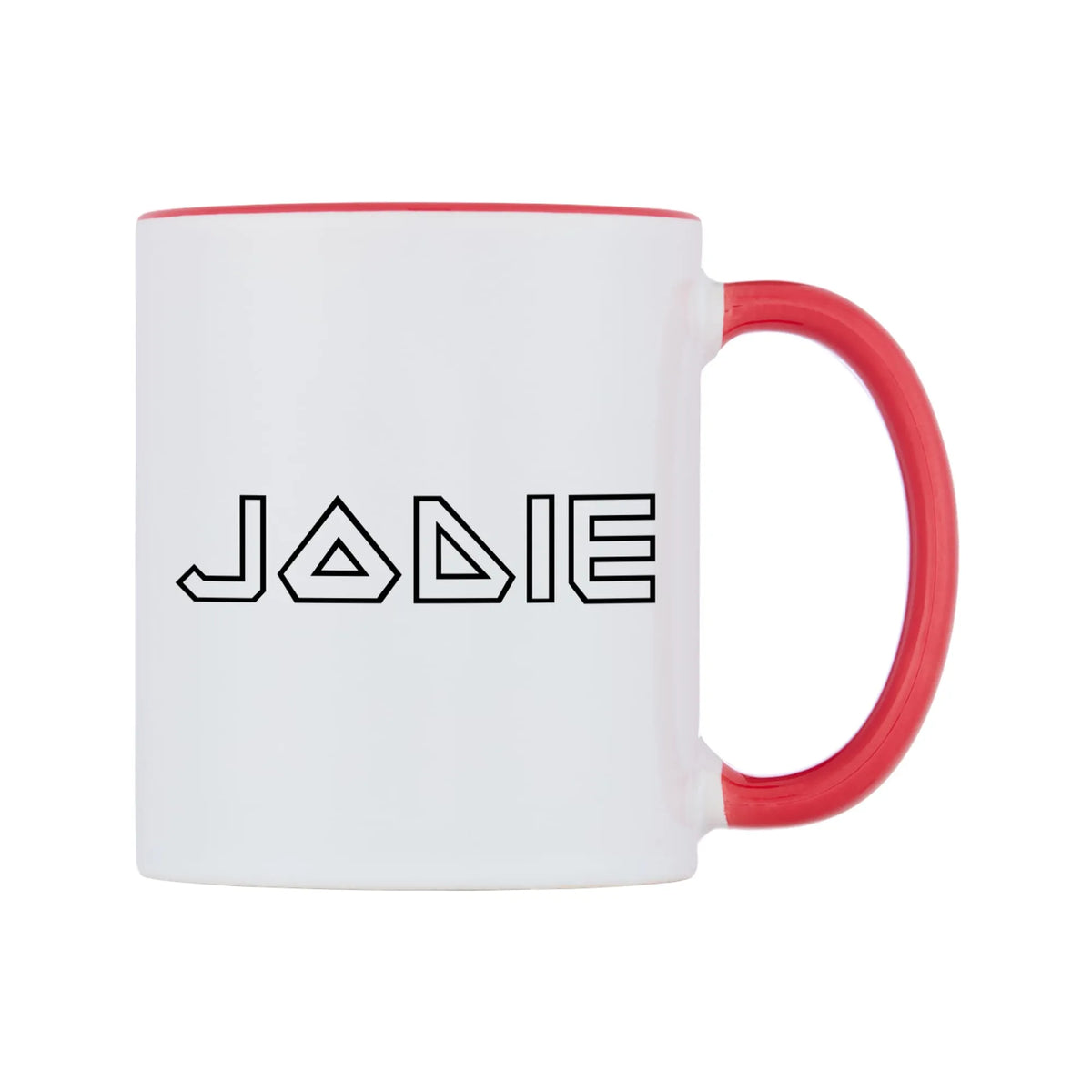 Jodie - Iron Maiden Themed Mug — white 11oz gloss mug with a red inside and handle, left side, on a white background