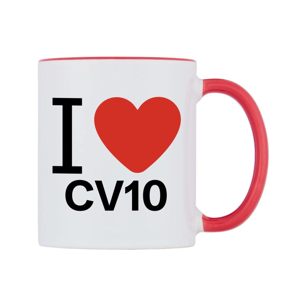 I Love CV10 Mug — white 11oz gloss mug with a red inside and handle, left side, on a white background