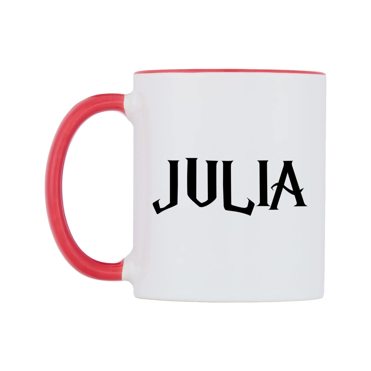 Julia - Wizard Themed Mug — white 11oz gloss mug with a red inside and handle, right side, on a white background