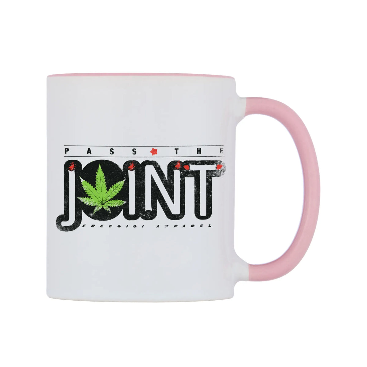Pass The Joint Mug — white 11oz gloss mug with a pink inside and handle, left side, on a white background