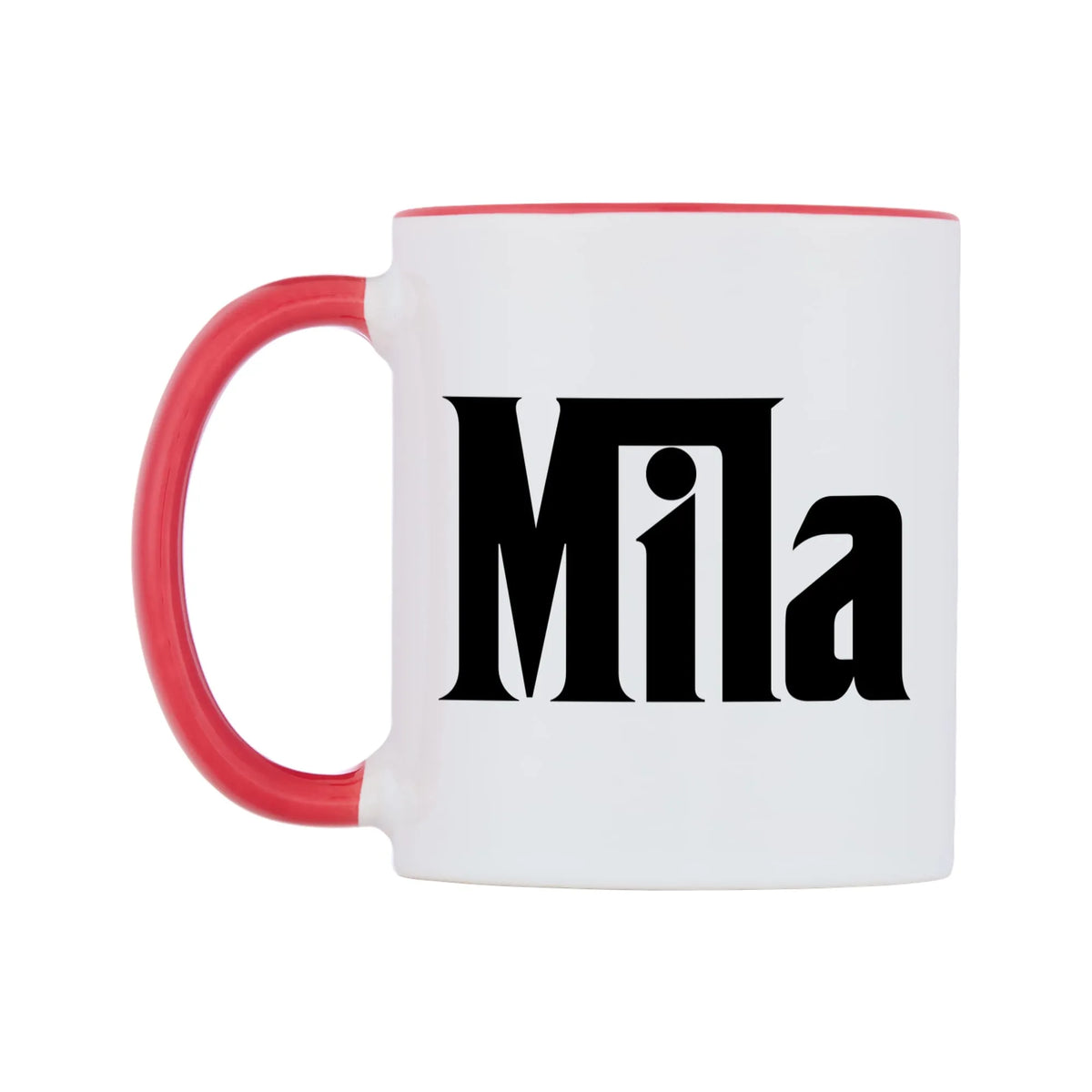 Mila - Godfather Themed Mug — white 11oz gloss mug with a red inside and handle, right side, on a white background