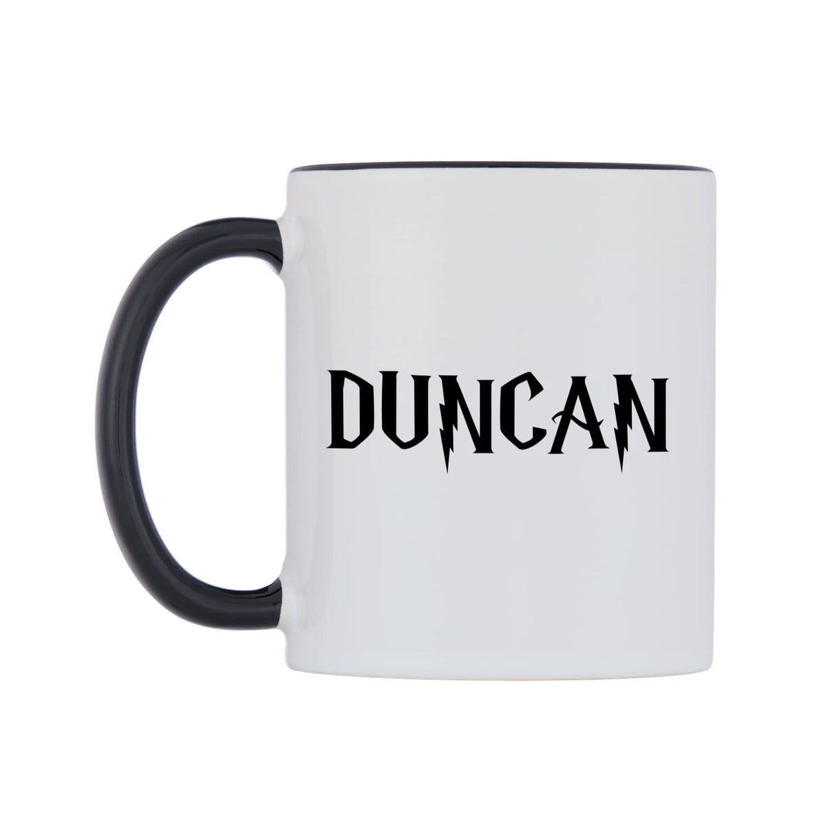 Duncan - Wizard Themed Mug — white 11oz gloss mug with a black inside and handle, right side, on a white background