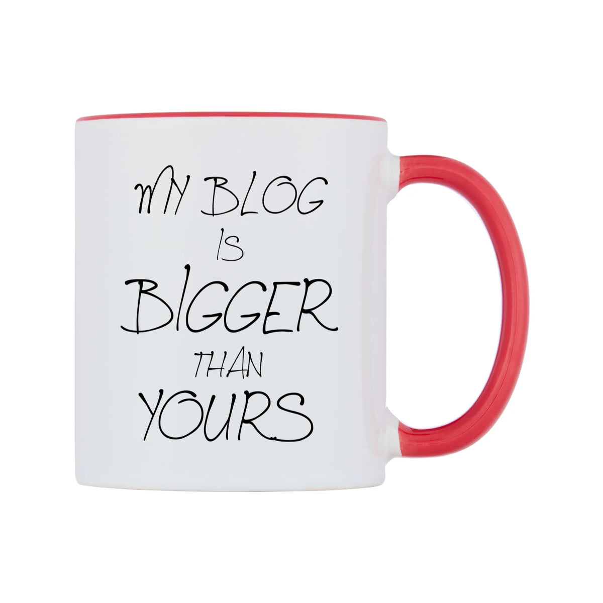My Blog Is Bigger Than Yours Mug — white 11oz gloss mug with a red inside and handle, left side, on a white background