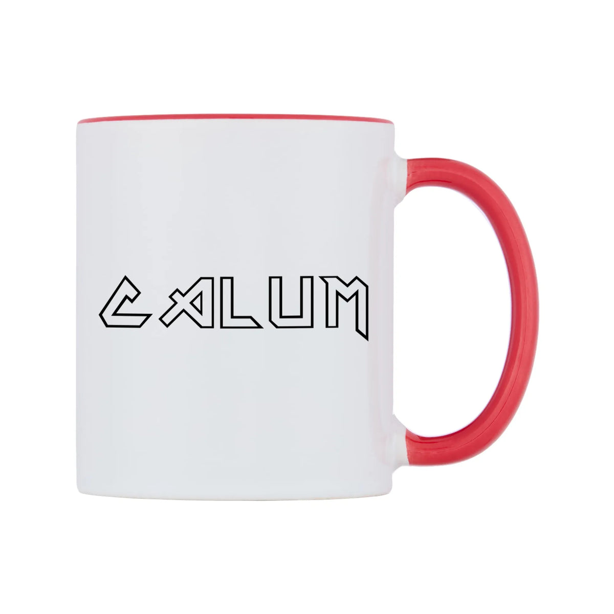 Calum - Iron Maiden Themed Mug — white 11oz gloss mug with a red inside and handle, left side, on a white background