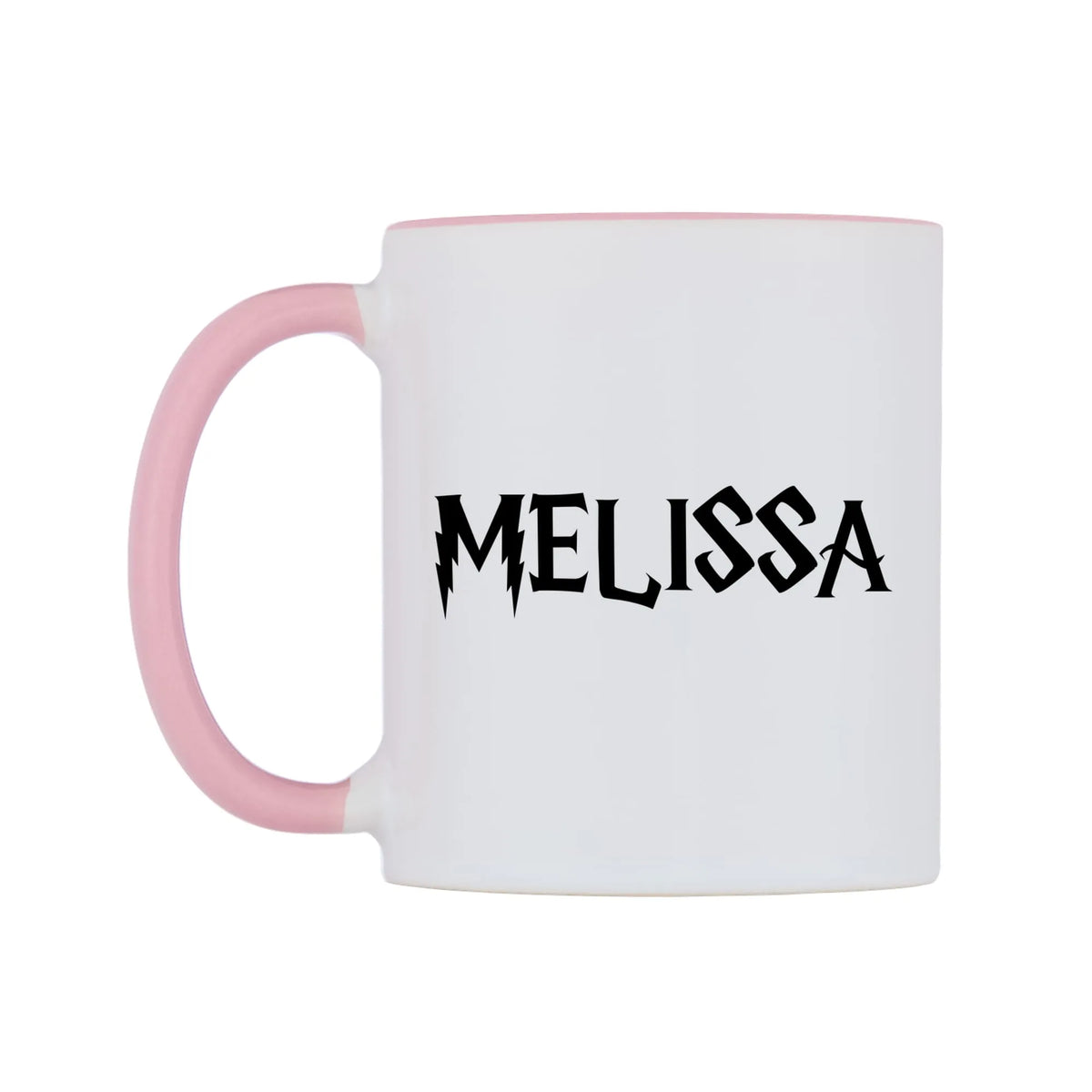 Melissa - Wizard Themed Mug — white 11oz gloss mug with a pink inside and handle, right side, on a white background