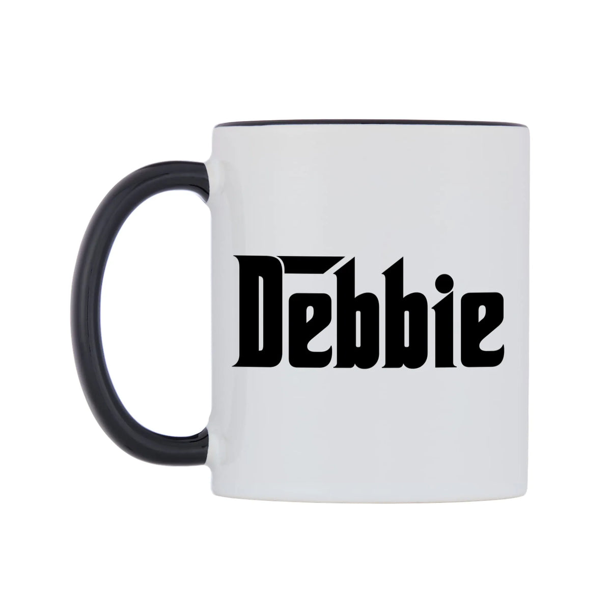 Debbie - Godfather Themed Mug — white 11oz gloss mug with a black inside and handle, right side, on a white background