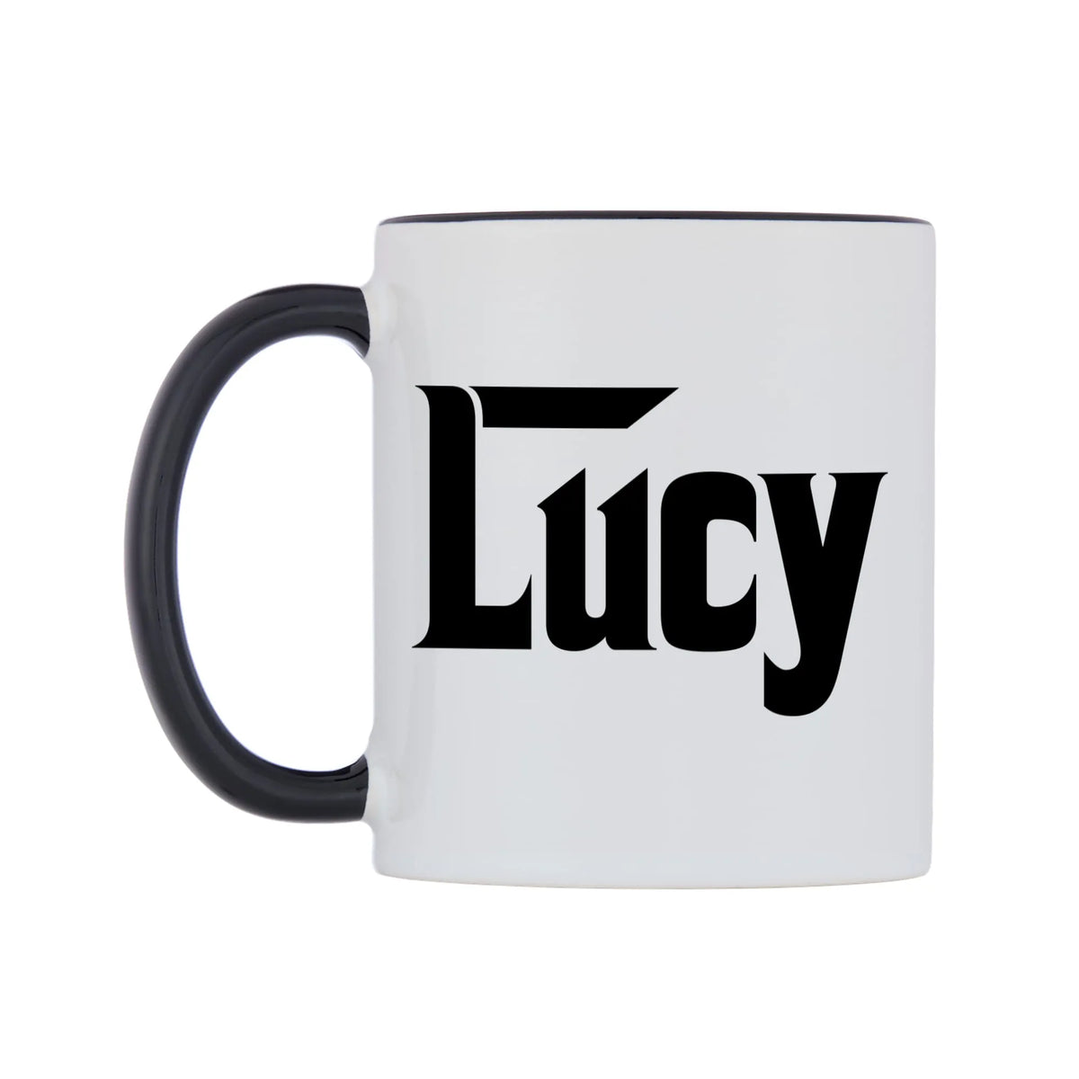 Lucy - Godfather Themed Mug — white 11oz gloss mug with a black inside and handle, right side, on a white background