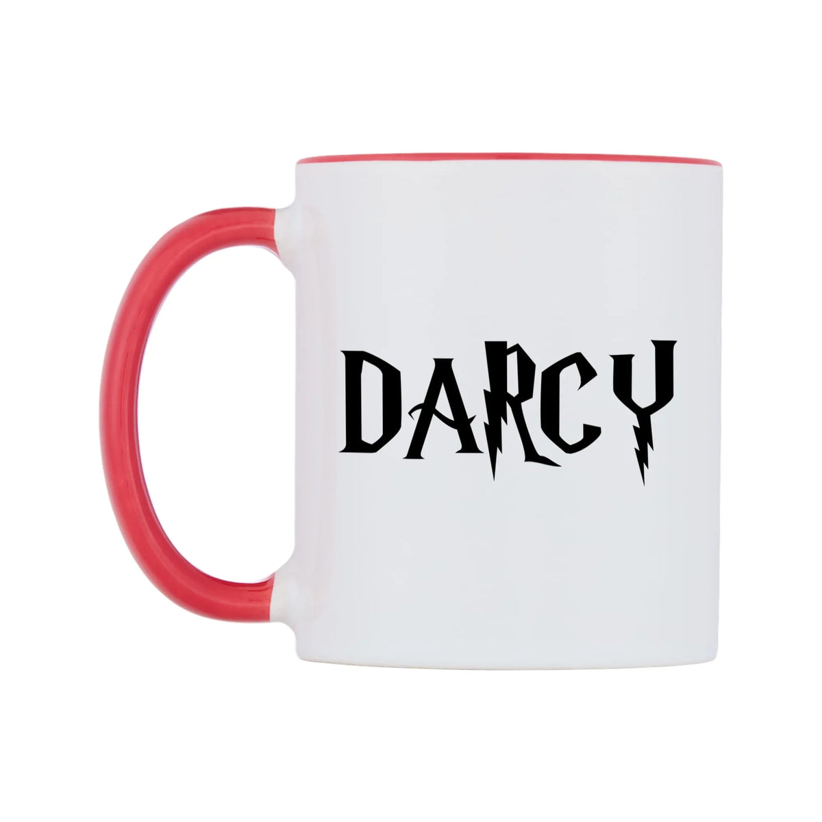 Darcy - Wizard Themed Mug — white 11oz gloss mug with a red inside and handle, right side, on a white background