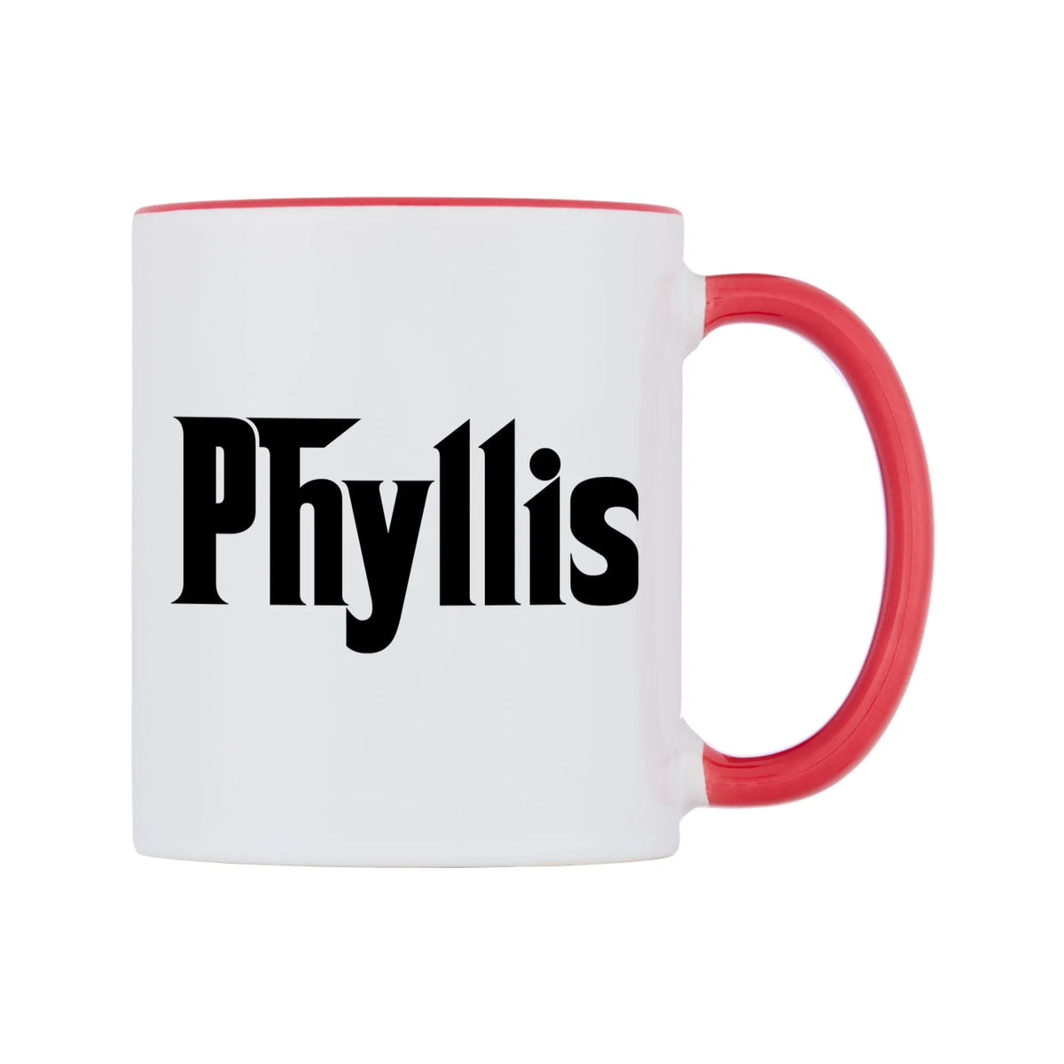Phyllis - Godfather Themed Mug — white 11oz gloss mug with a red inside and handle, left side, on a white background